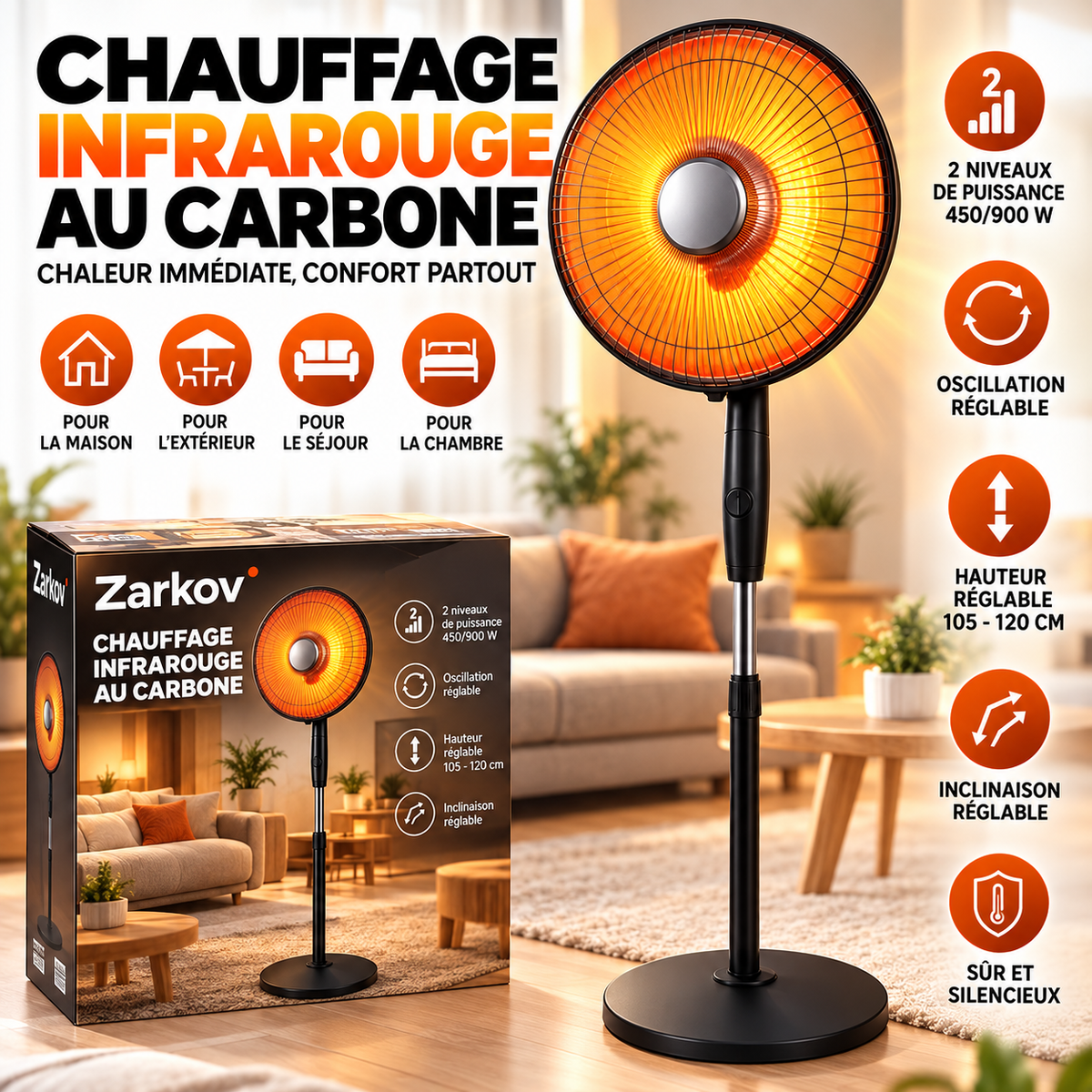 Chauffage au carbone à infrarouges avec pied